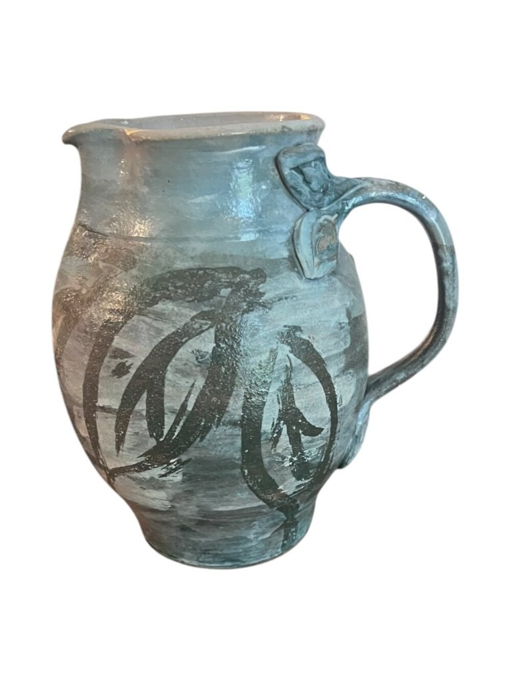 Hand Thrown Studio Pottery Signed Pitcher 8" Iridescent Glaze Leaf Motif Vintage